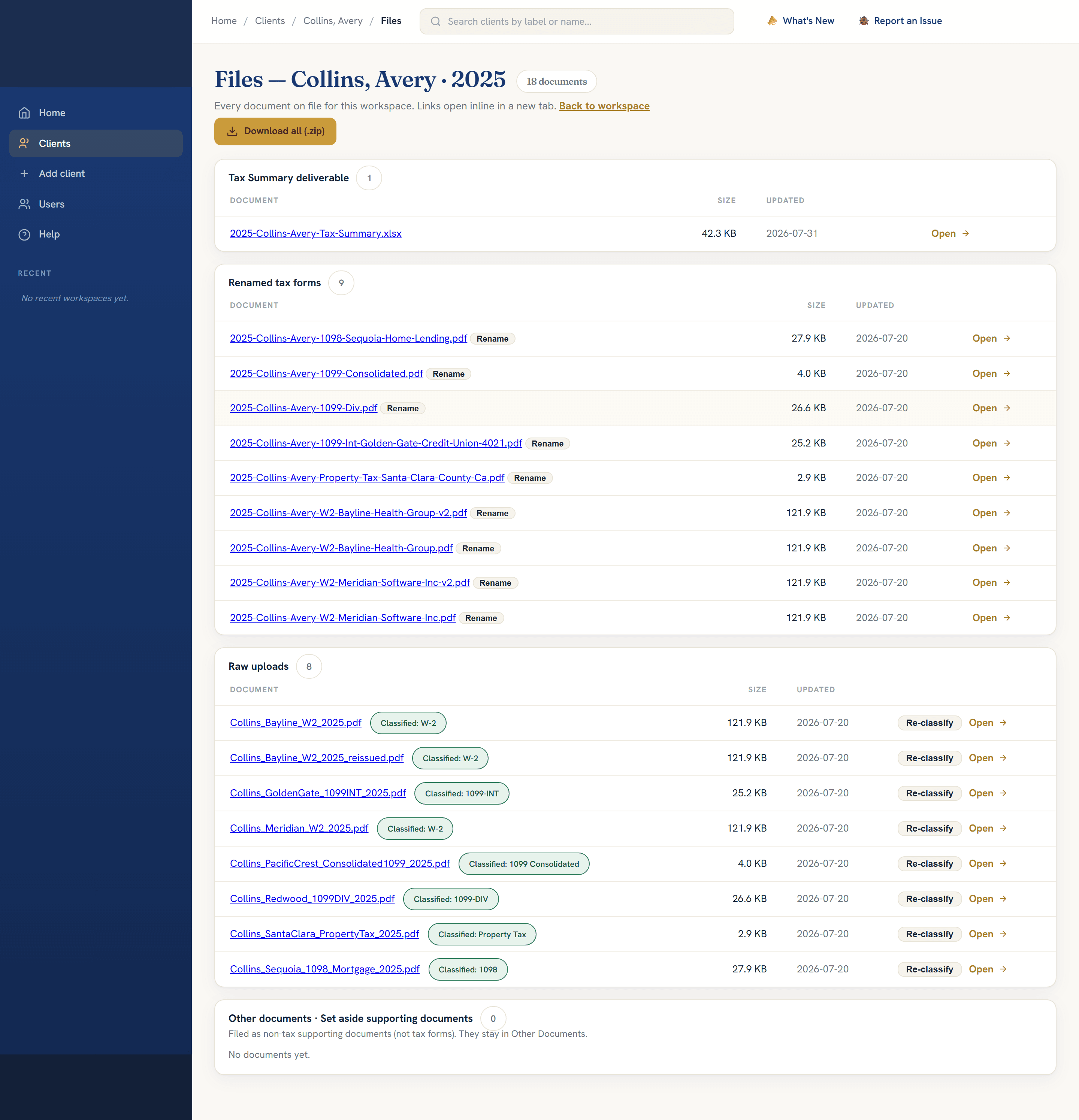 The files view, showing documents sorted into classified, renamed and raw shelves